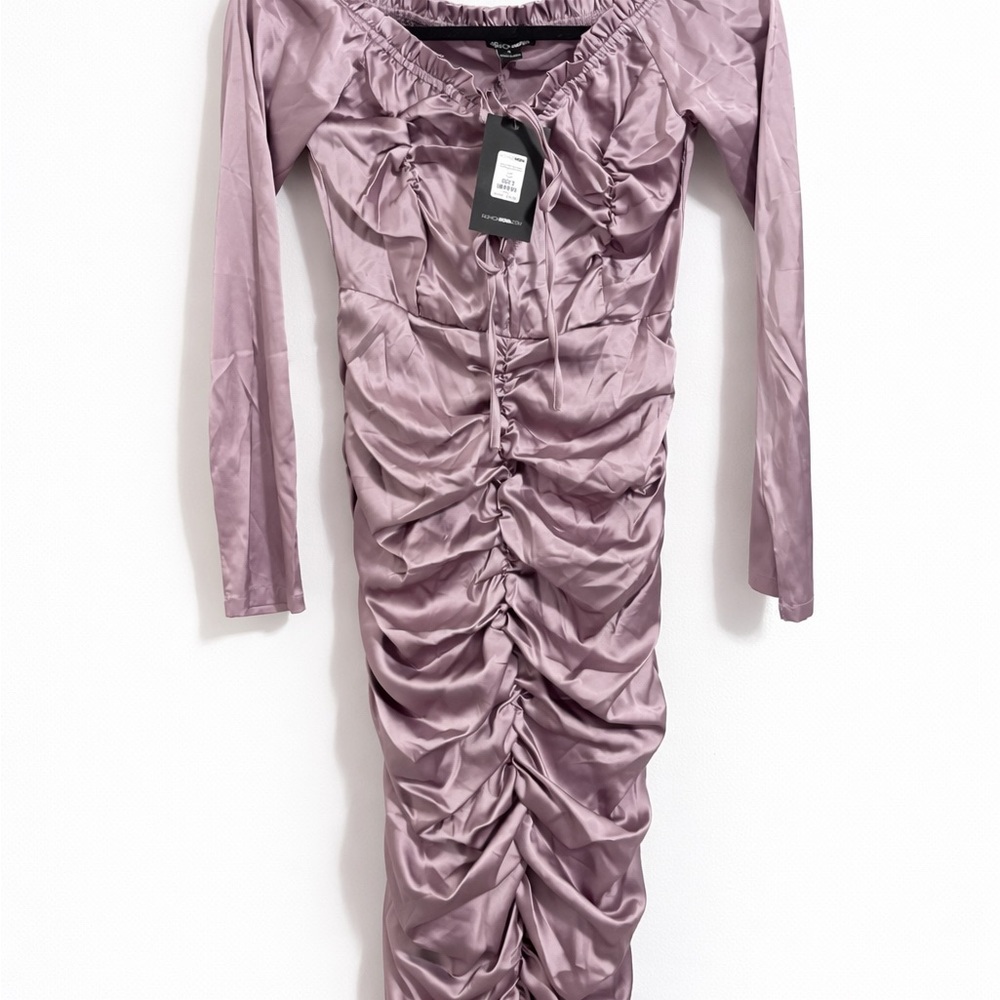 Fashion Nova Mauve Ruched Long Sleeve Midi Dress